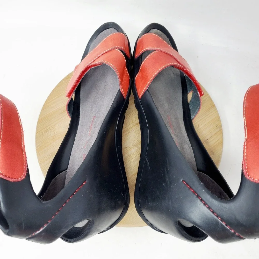 Wolky Era Wedge Sandals Womens 41 Red Leather Black Adjustable Ankle Strap Shoes